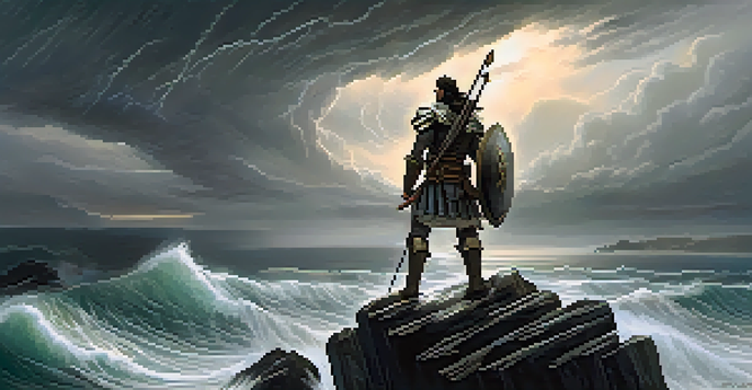 A lone warrior with a sword on a cliff, looking over a stormy sea with dark clouds and lightning.