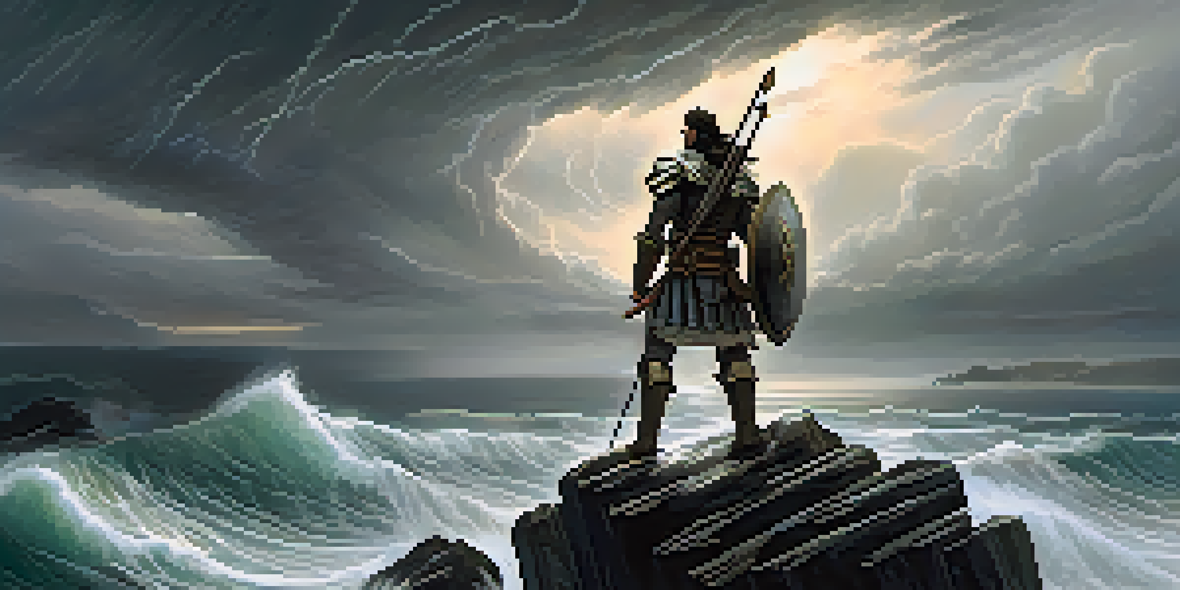 A lone warrior with a sword on a cliff, looking over a stormy sea with dark clouds and lightning.