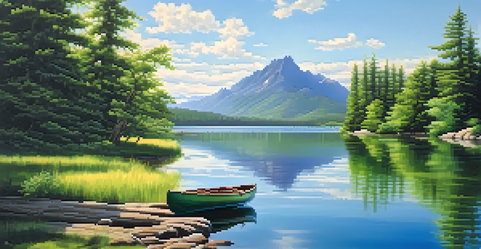 A peaceful lake scene with a canoe, surrounded by green trees and mountains in the background.