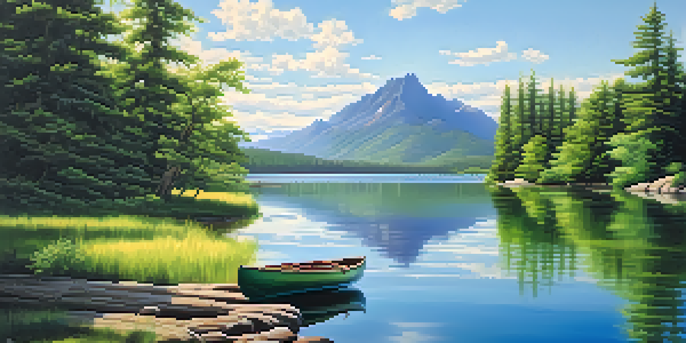 A peaceful lake scene with a canoe, surrounded by green trees and mountains in the background.