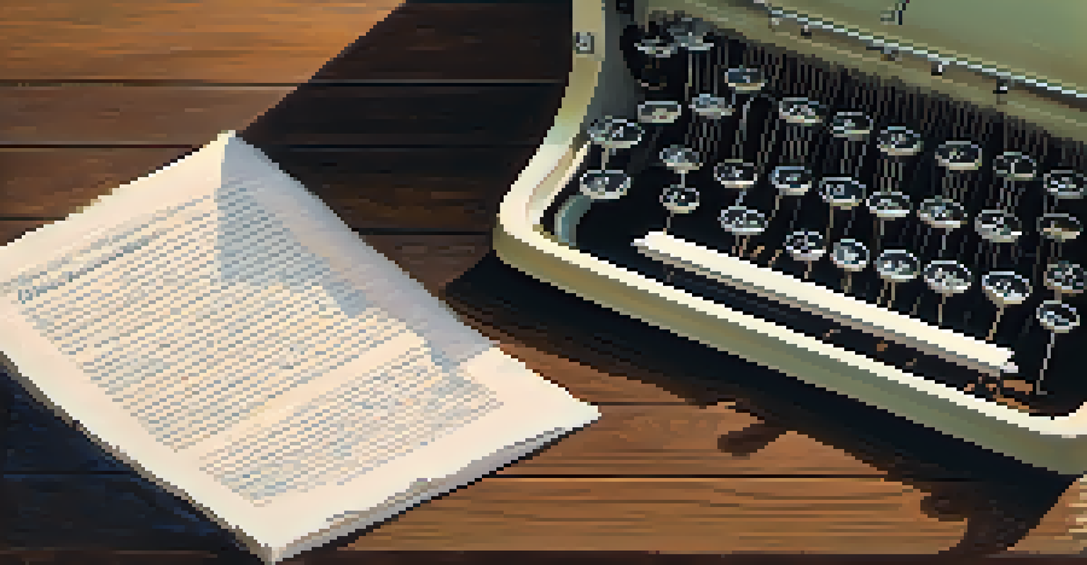 A vintage typewriter with a typed page on a wooden desk, surrounded by coffee and notes.