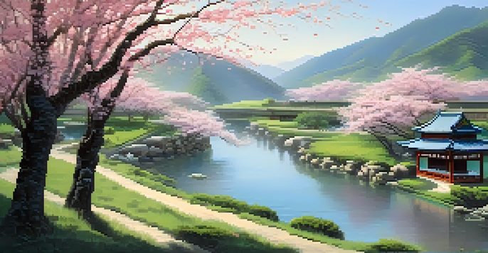 A colorful traditional Chinese landscape with cherry blossom trees, rolling hills, and a river, illustrated in a brush painting style.