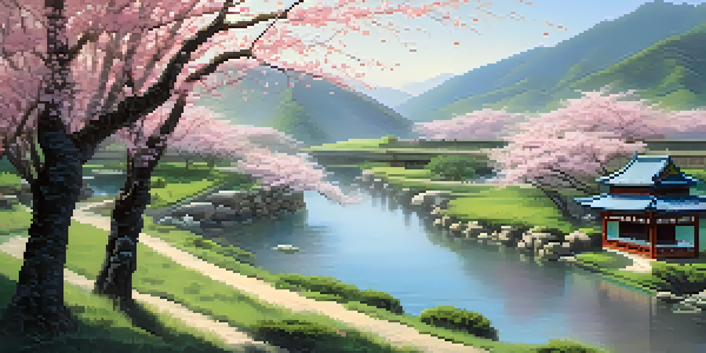 A colorful traditional Chinese landscape with cherry blossom trees, rolling hills, and a river, illustrated in a brush painting style.