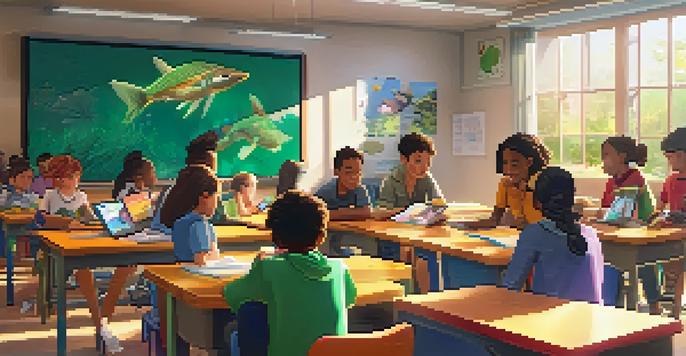 A lively classroom with students working together on an animation project about environmental issues, surrounded by colorful educational posters.