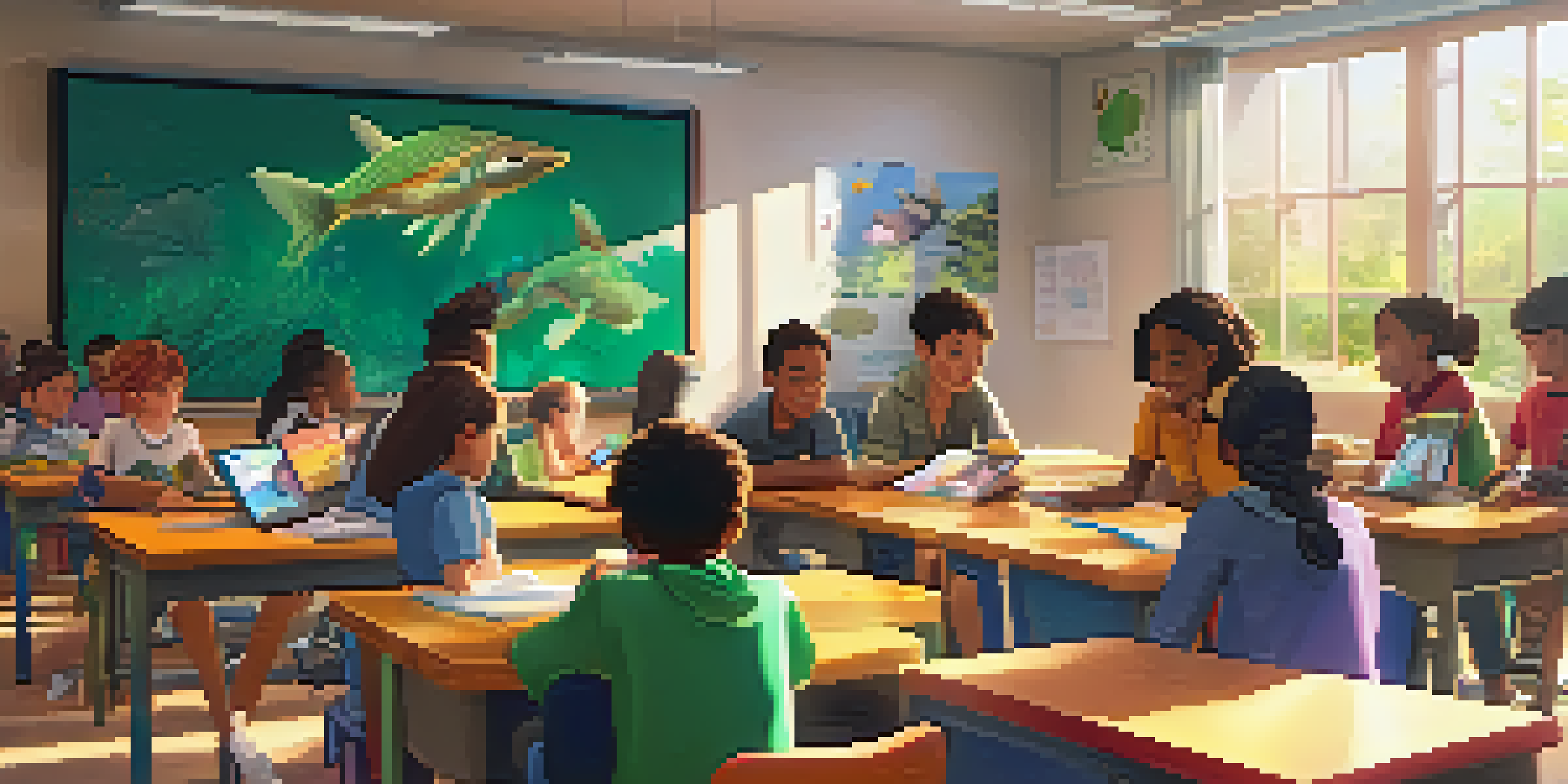 A lively classroom with students working together on an animation project about environmental issues, surrounded by colorful educational posters.