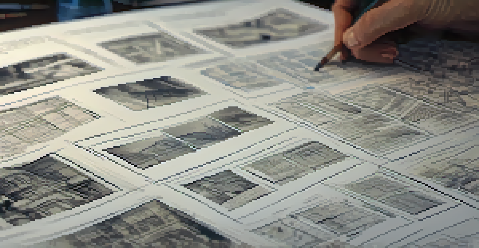 A close-up view of a hand-drawn storyboard featuring detailed sketches and notes on textured paper.
