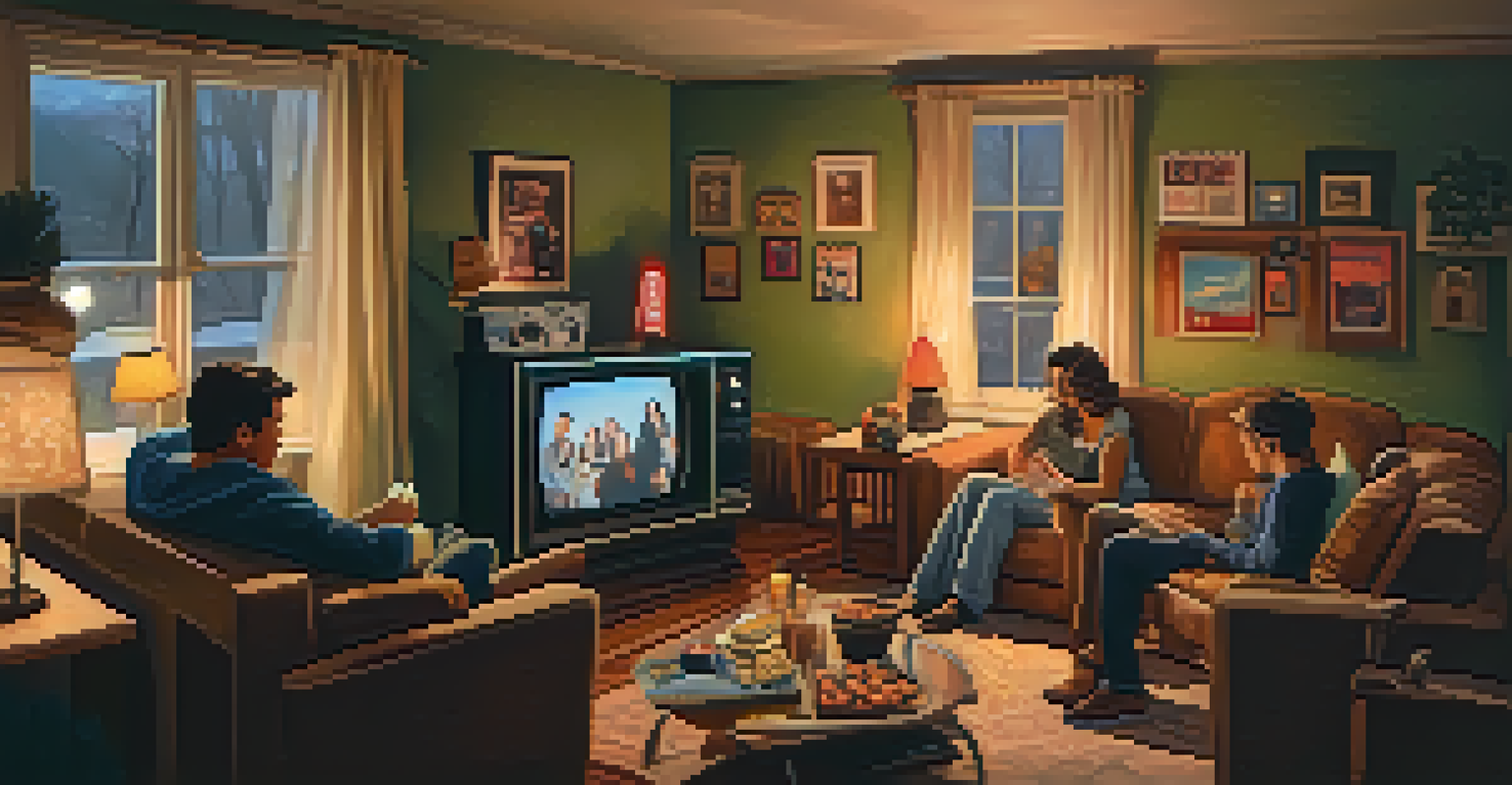A cozy living room with friends watching a classic film on a vintage TV, surrounded by film posters and snacks.