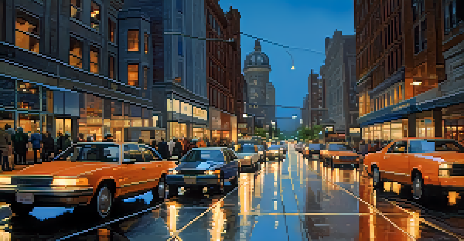 A vibrant city street at dusk with people, bicycles, and cars illuminated by glowing city lights.