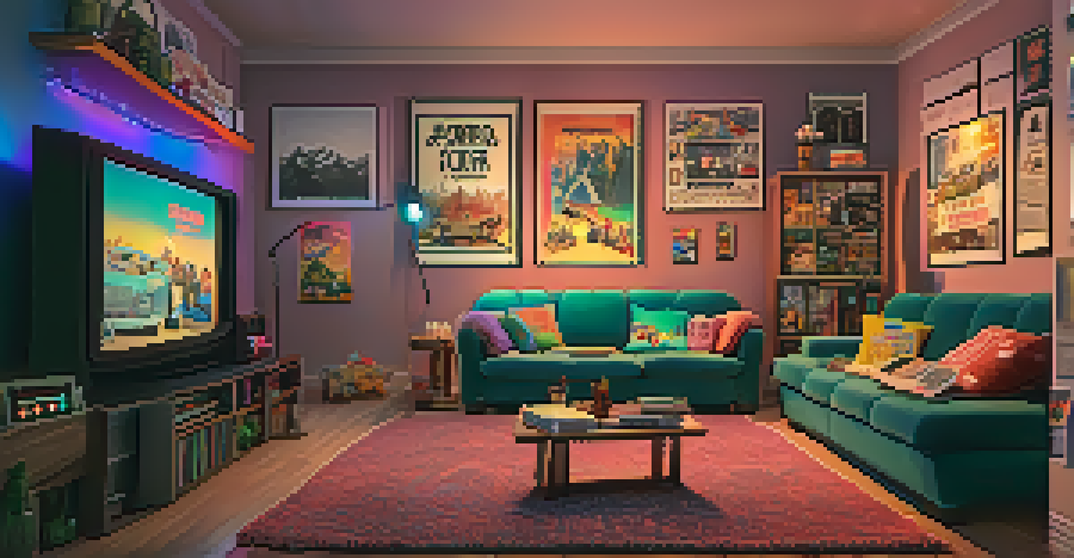 A nostalgic 90s movie night setup with retro popcorn boxes, VHS tapes, and a cozy couch with fairy lights.