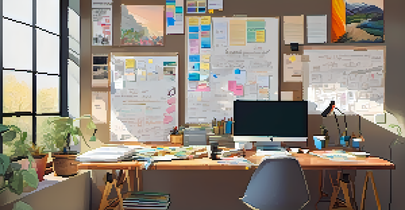 A creative workspace for film editors with storyboards and notes, illuminated by natural sunlight.