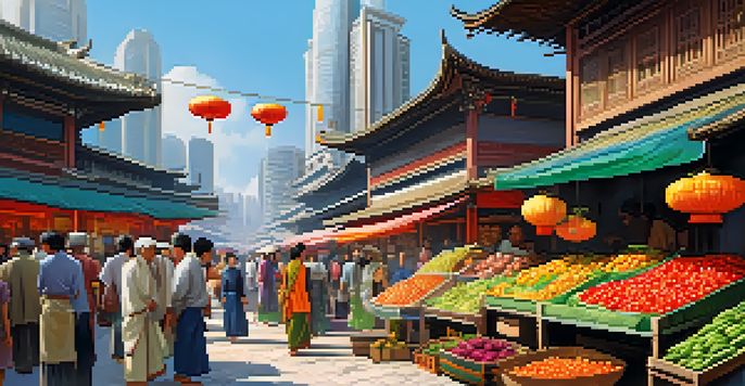 A bustling market in an Asian city with colorful stalls and towering skyscrapers in the background, depicting a blend of traditional and modern cultures.