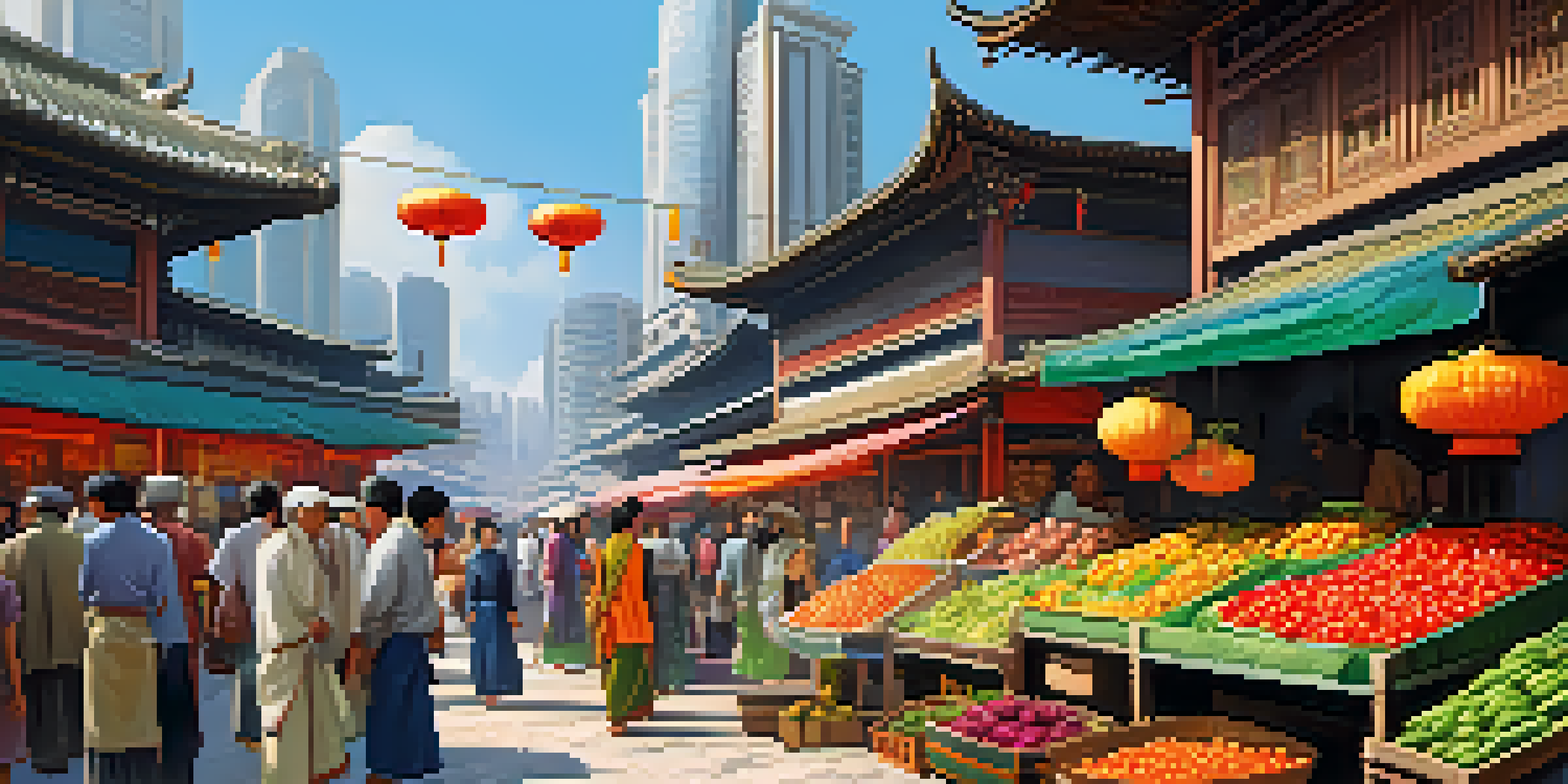A bustling market in an Asian city with colorful stalls and towering skyscrapers in the background, depicting a blend of traditional and modern cultures.