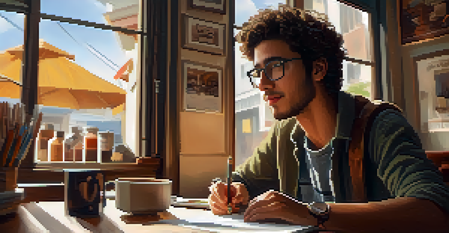 A young filmmaker discussing their independent film idea in a cozy café, holding a notebook filled with sketches.
