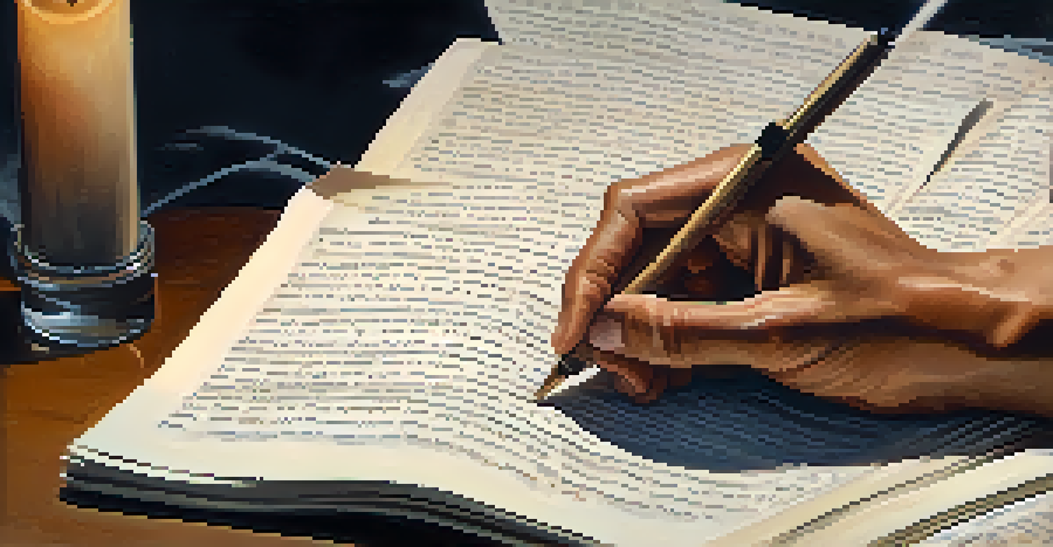 Close-up of an actor's hands holding a script with handwritten notes, in a dimly lit rehearsal space.