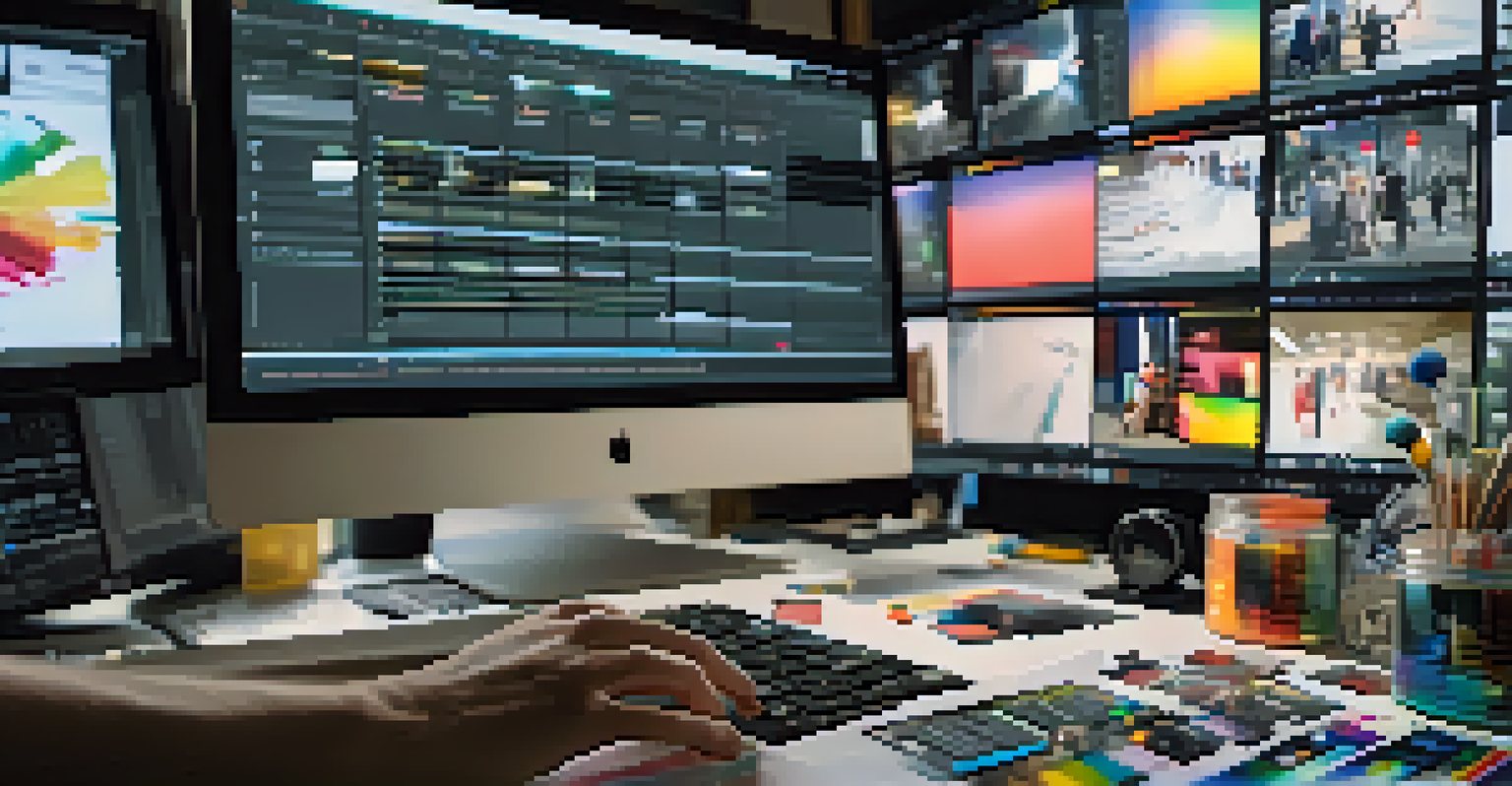 A close-up of a filmmaker editing a film on a computer, surrounded by film reels and creative materials.