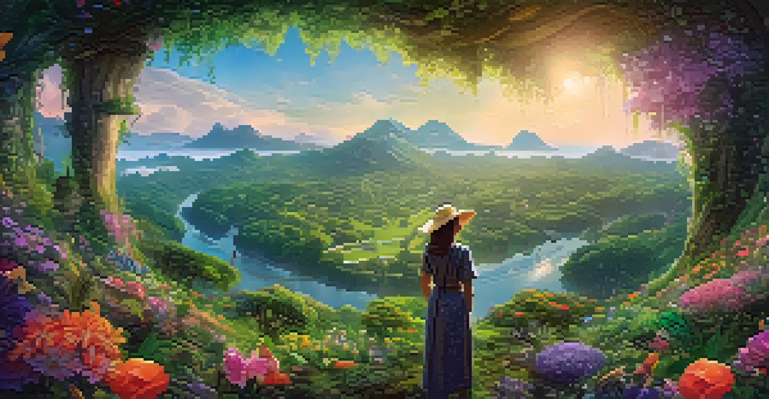 A fantasy landscape in a 360-degree VR world featuring hills, flowers, and a mystical forest.