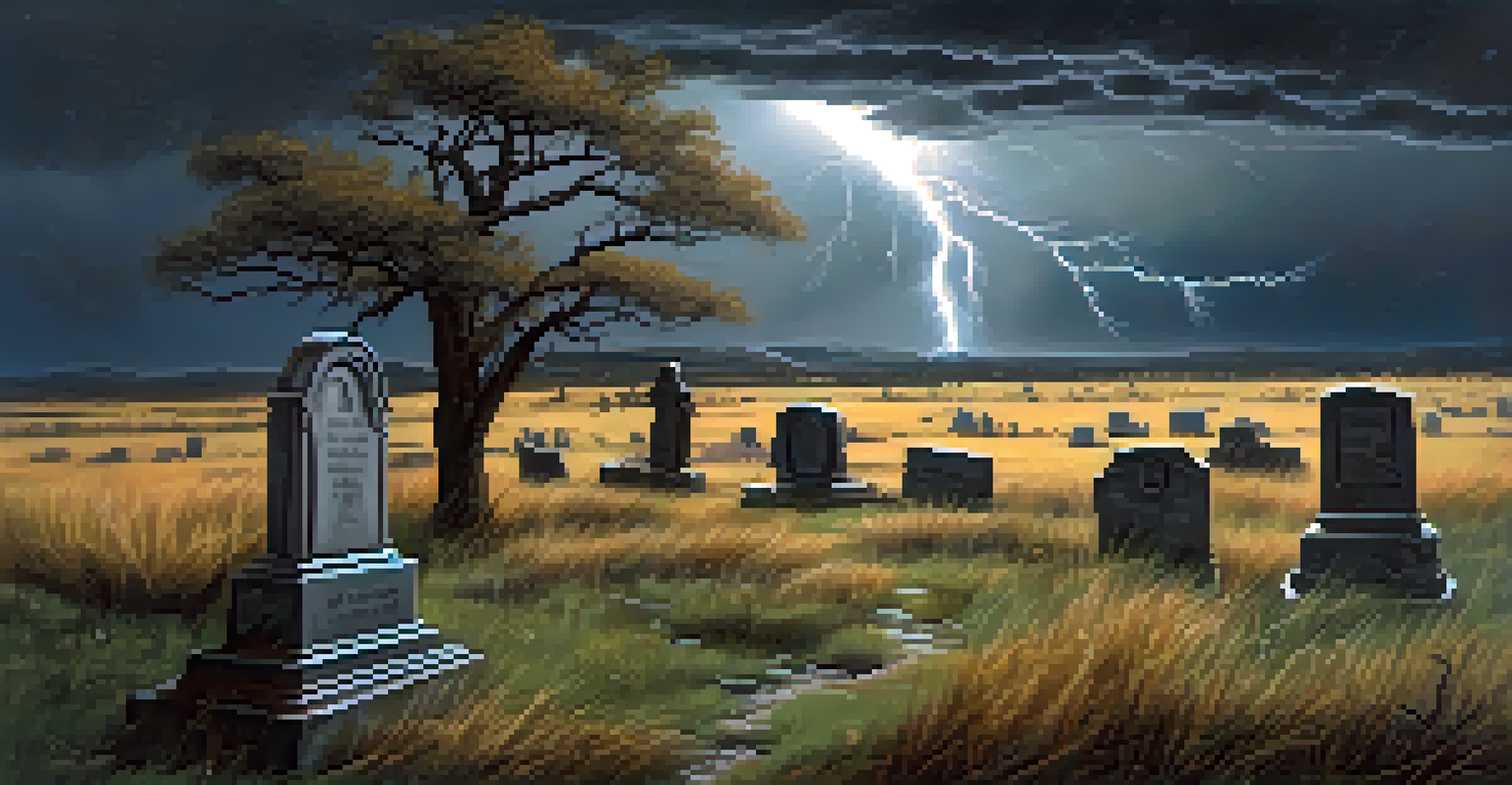A haunting graveyard scene under a stormy sky with weathered tombstones and a twisted tree, illuminated by flashes of lightning in the distance.