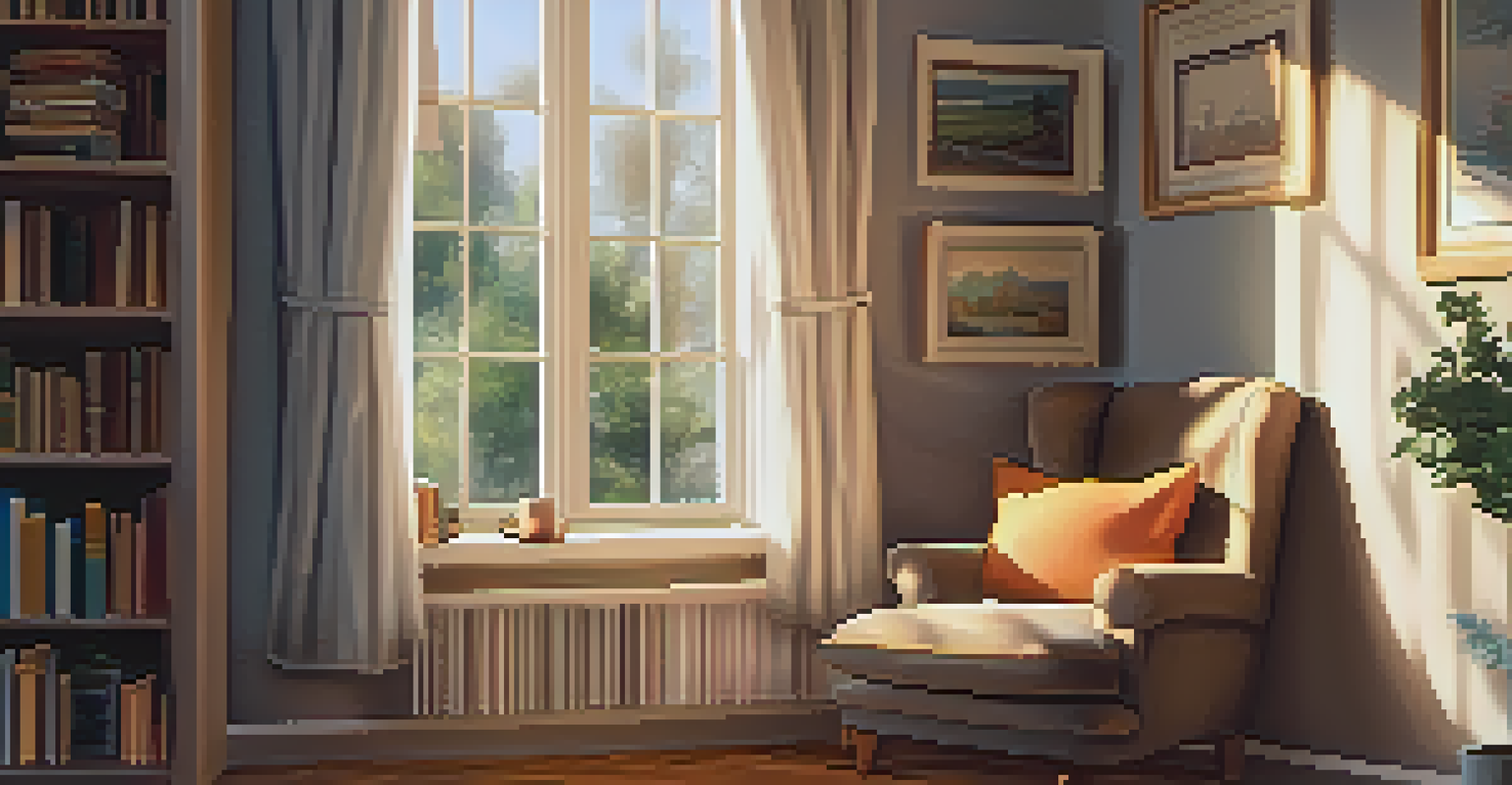 A cozy reading nook with an armchair, a bookshelf, and a cat, illuminated by soft sunlight.