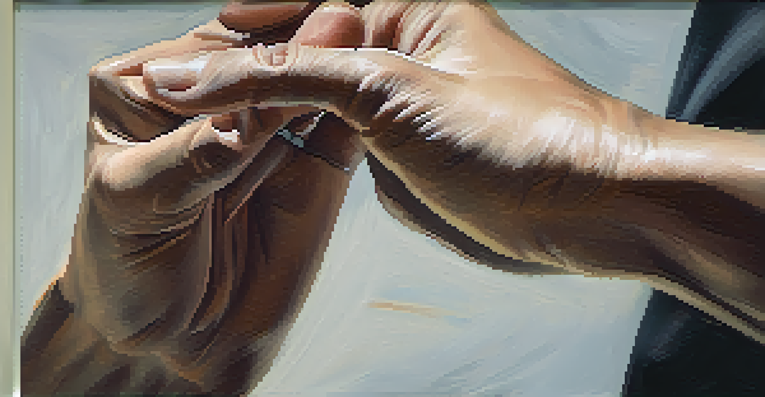 A close-up of an actor's hands in a rehearsal, showcasing graceful movement and character expression against a blurred background.