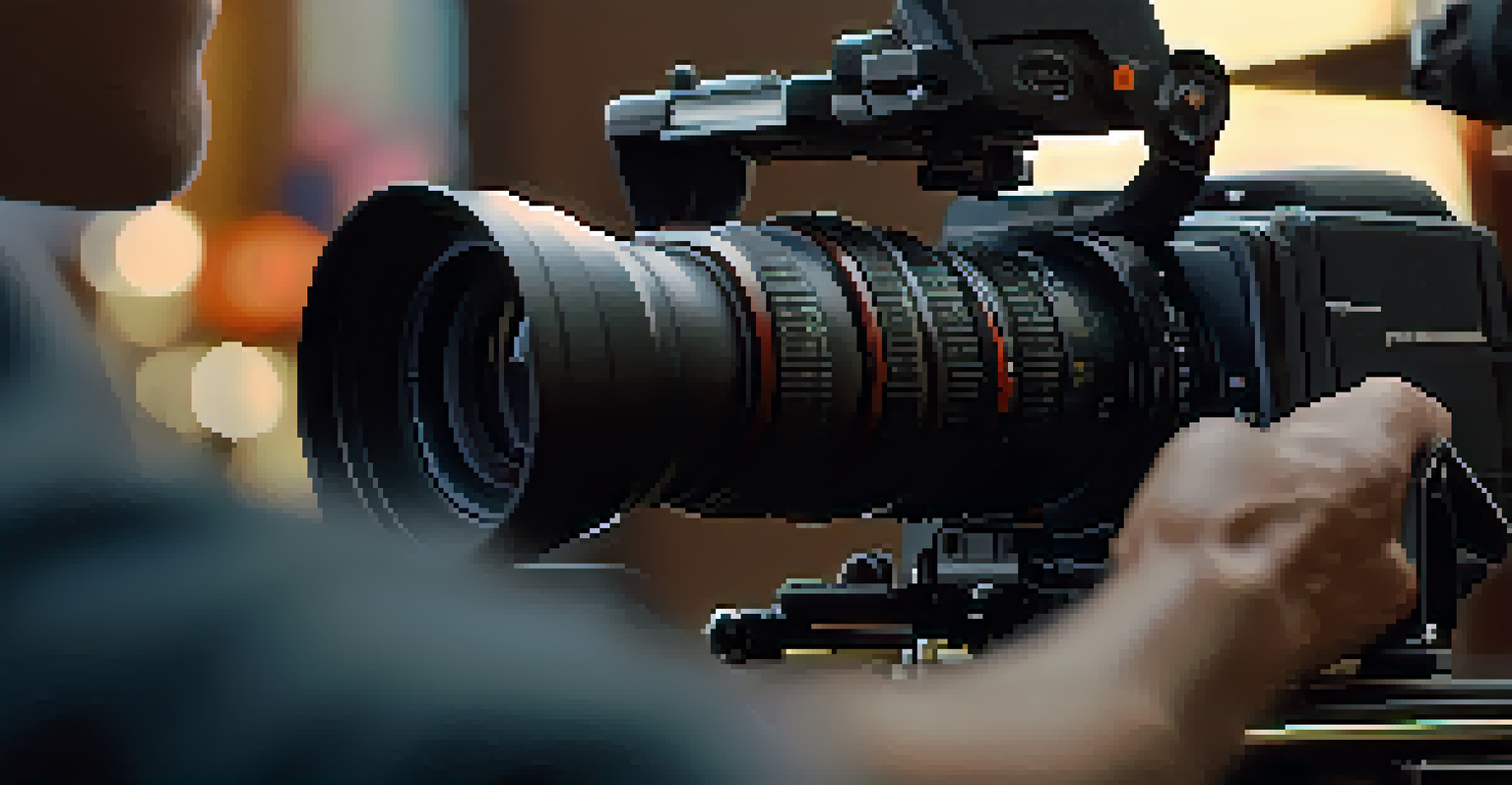 A close-up of a director's hand adjusting a camera lens, with a blurred film set in the background, conveying focus and determination.