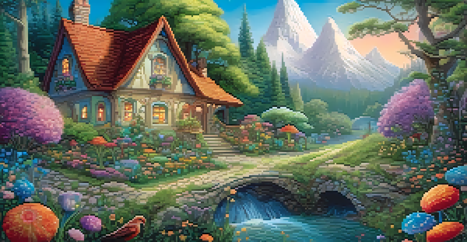 A whimsical animated fairy tale scene with a magical forest, colorful flowers, and a charming cottage under a pastel sky.