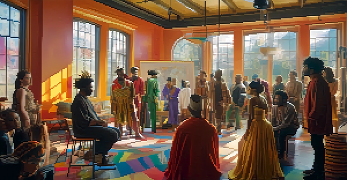 A diverse group of actors and crew members on a film set discussing ideas, surrounded by colorful costumes and props, with sunlight streaming in.