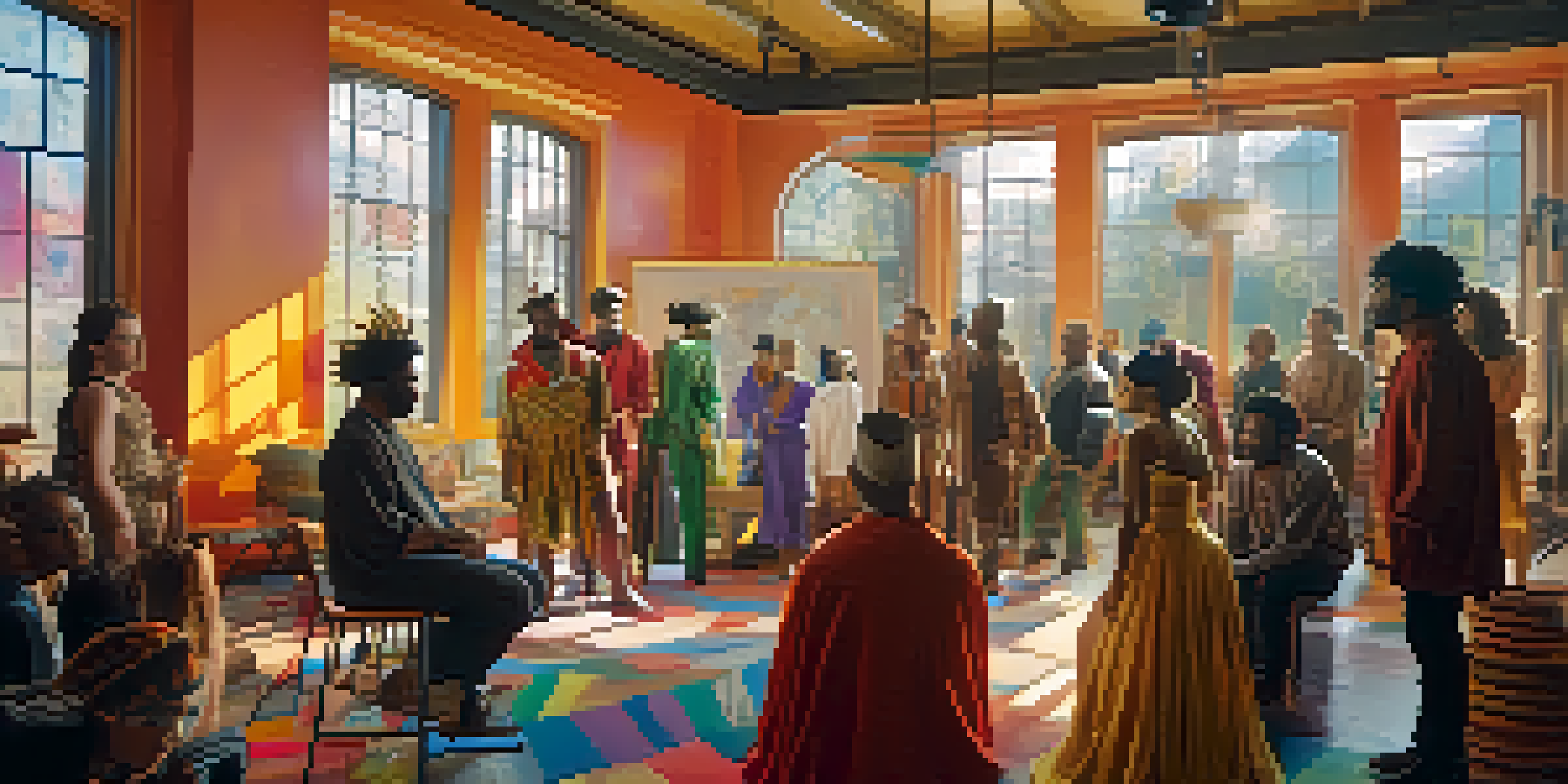 A diverse group of actors and crew members on a film set discussing ideas, surrounded by colorful costumes and props, with sunlight streaming in.