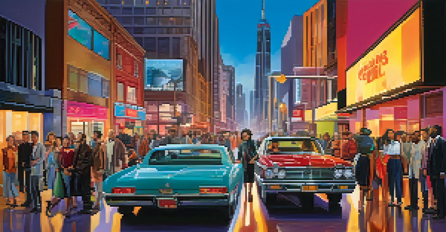 A modern drama film set with diverse actors expressing various emotions against a vibrant cityscape backdrop, illuminated by dynamic lighting.