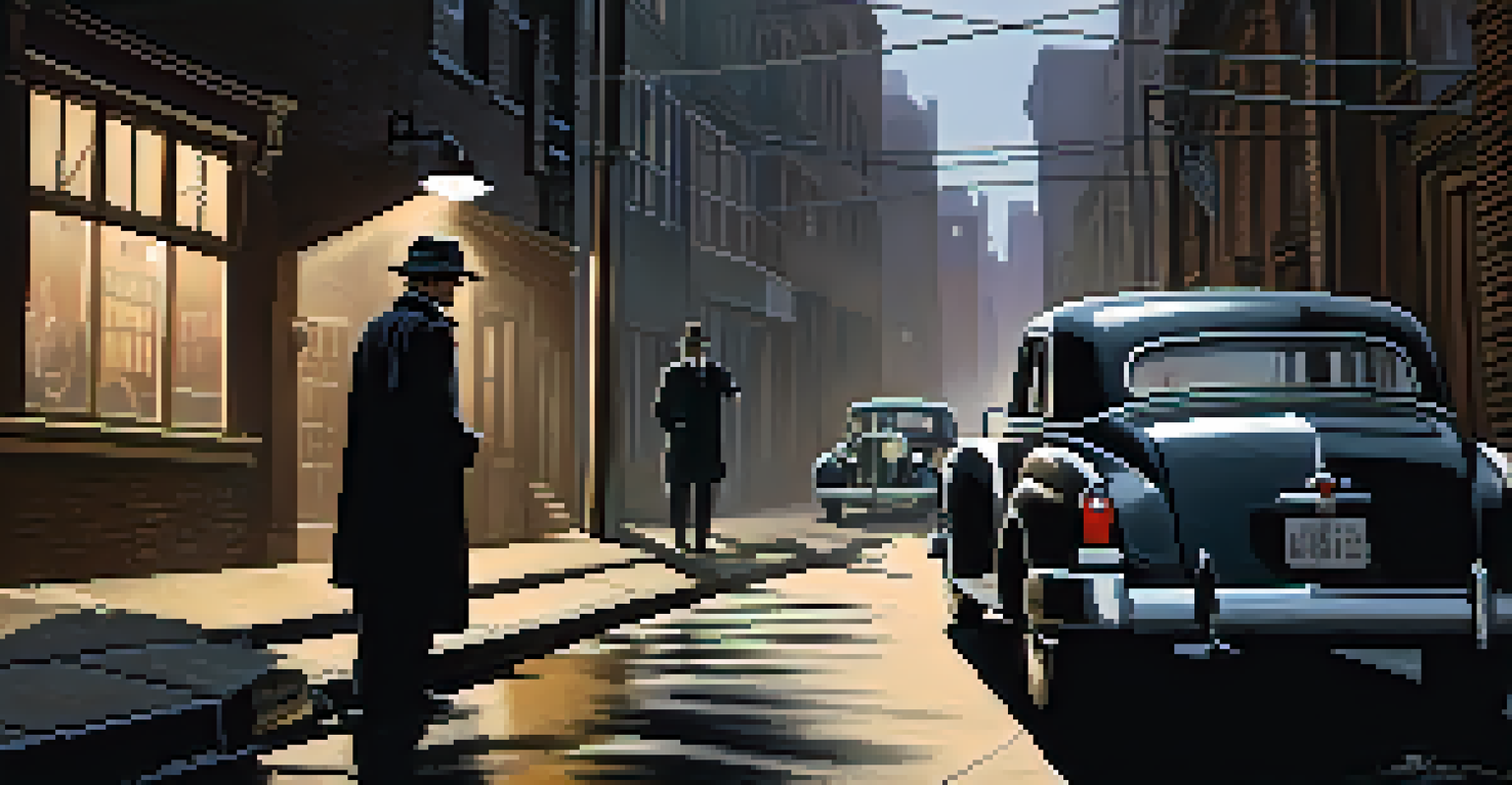 A detective in a fedora examining a clue beside a vintage car in a dimly lit alley, with shadows and scattered newspapers enhancing the noir theme.