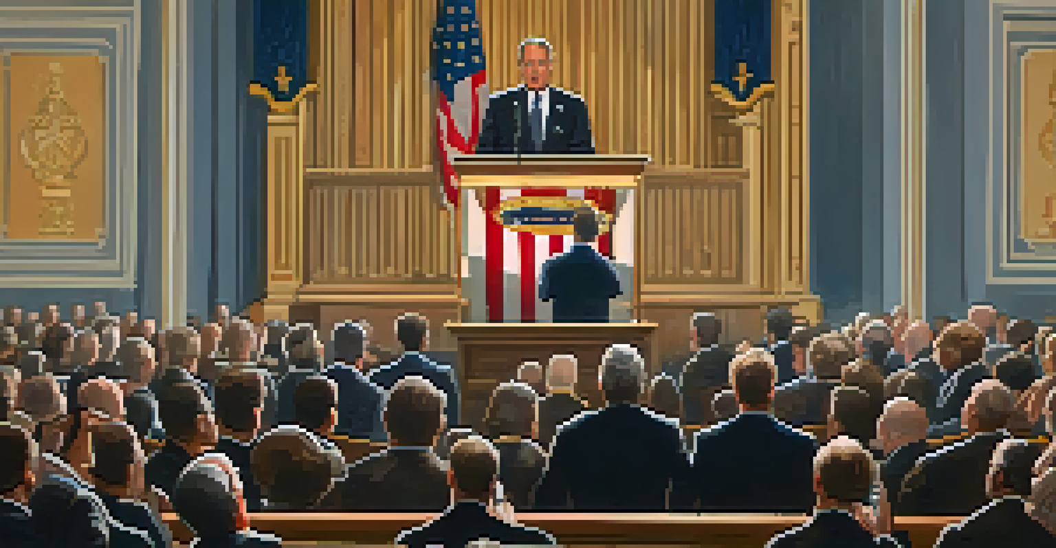A close-up of a speaker passionately gesturing at a podium in a dimly lit hall with an engaged audience.