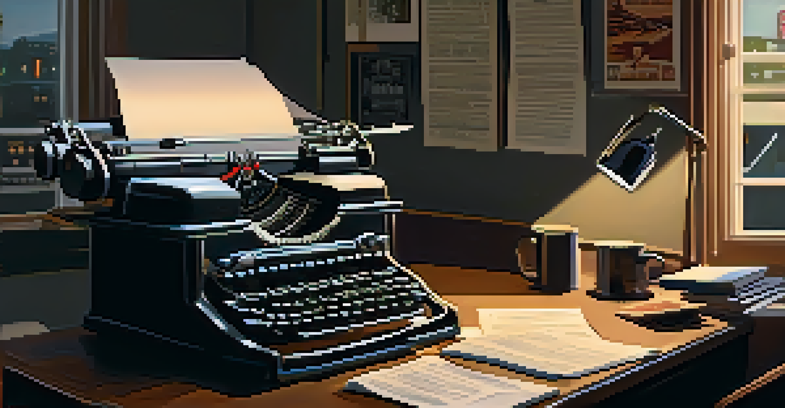 A screenwriter working at a vintage typewriter in a dimly lit room with movie posters and a notepad filled with ideas.