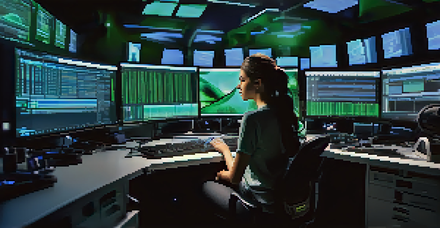 A modern female filmmaker in a high-tech editing room, surrounded by multiple screens and digital editing tools, illuminated with cool blue and green lights.