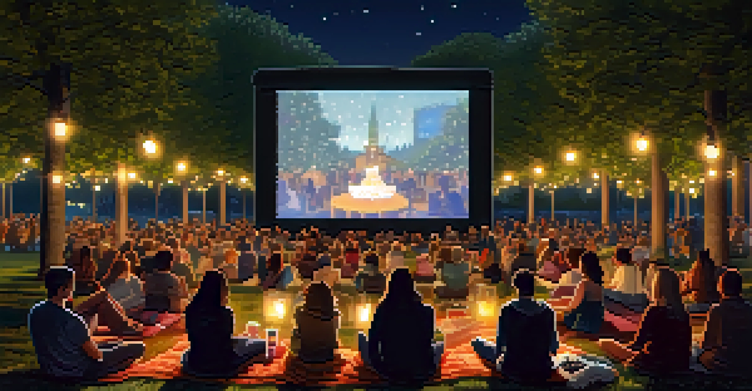 An outdoor screening at the Toronto International Film Festival with an audience watching a film under fairy lights.