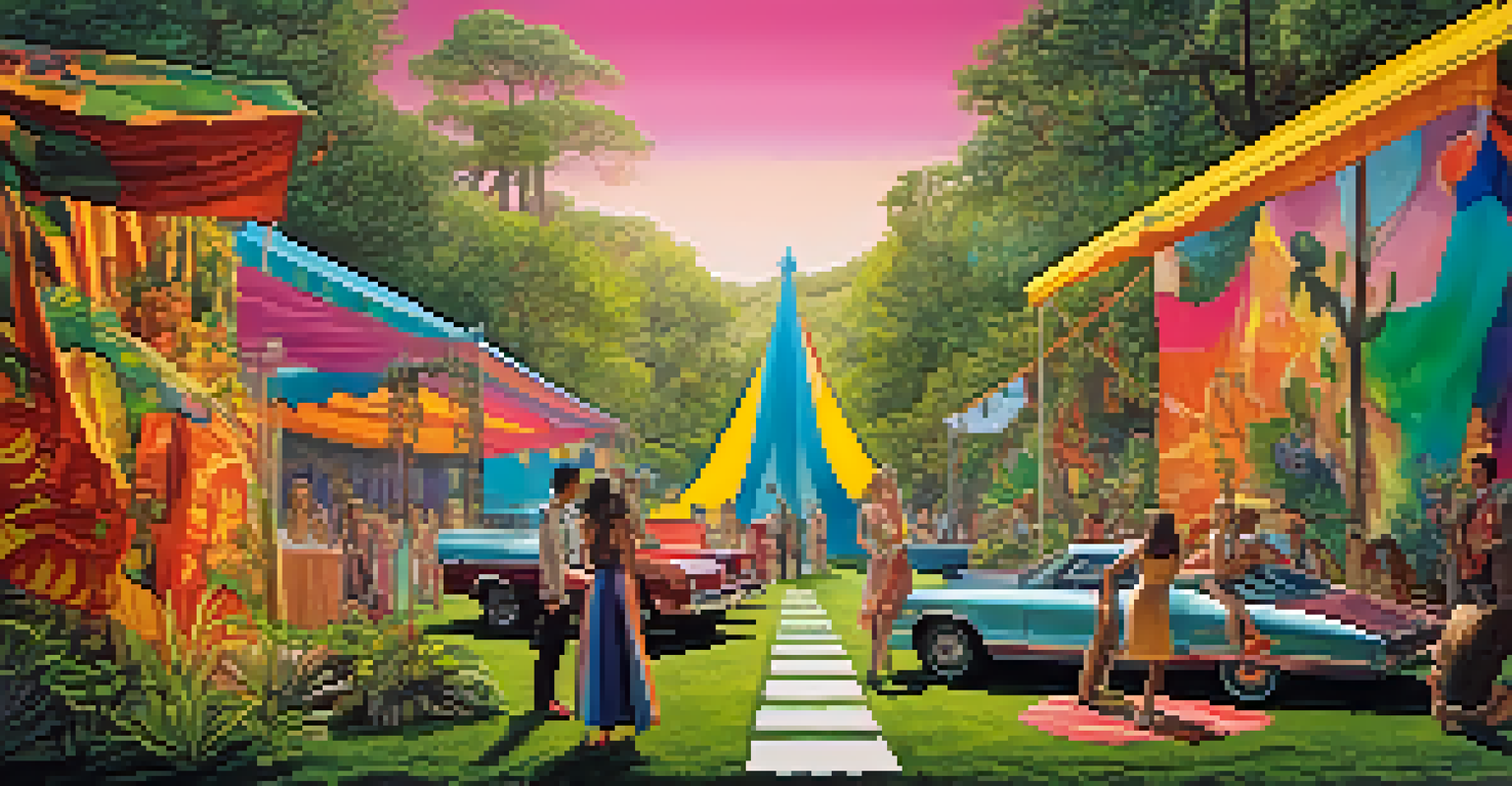 A lively outdoor film set from the 1960s featuring colorful banners and actors in eclectic costumes.