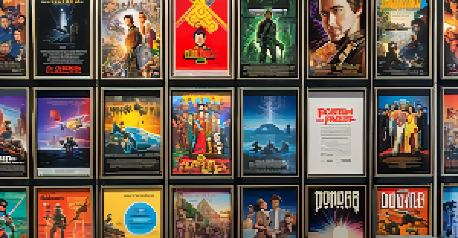 A wall filled with colorful and diverse movie posters from various cultures and genres.