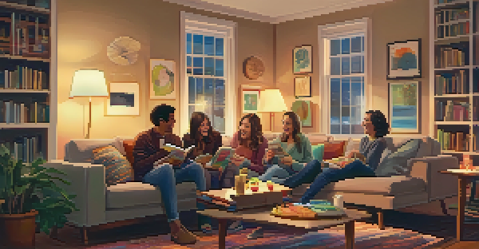 A warm and inviting living room scene with friends laughing and sharing stories, surrounded by cozy furnishings and soft lighting.