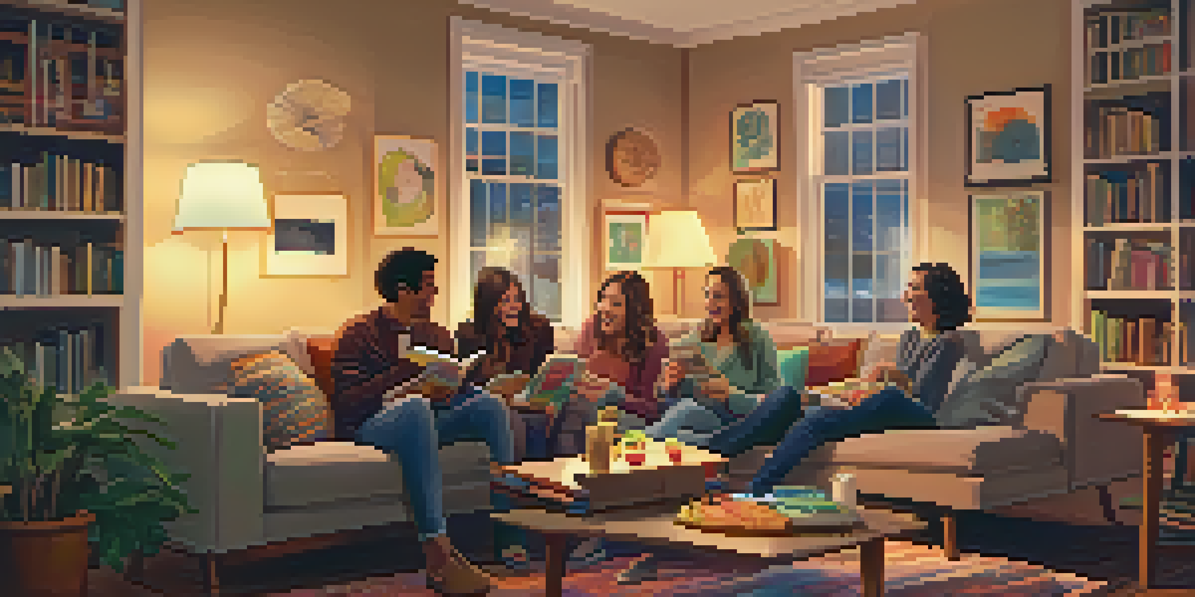 A warm and inviting living room scene with friends laughing and sharing stories, surrounded by cozy furnishings and soft lighting.