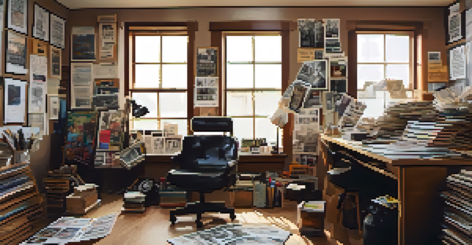 A director at a cluttered desk in a creative workspace, surrounded by storyboards and film equipment, with natural light illuminating the space.