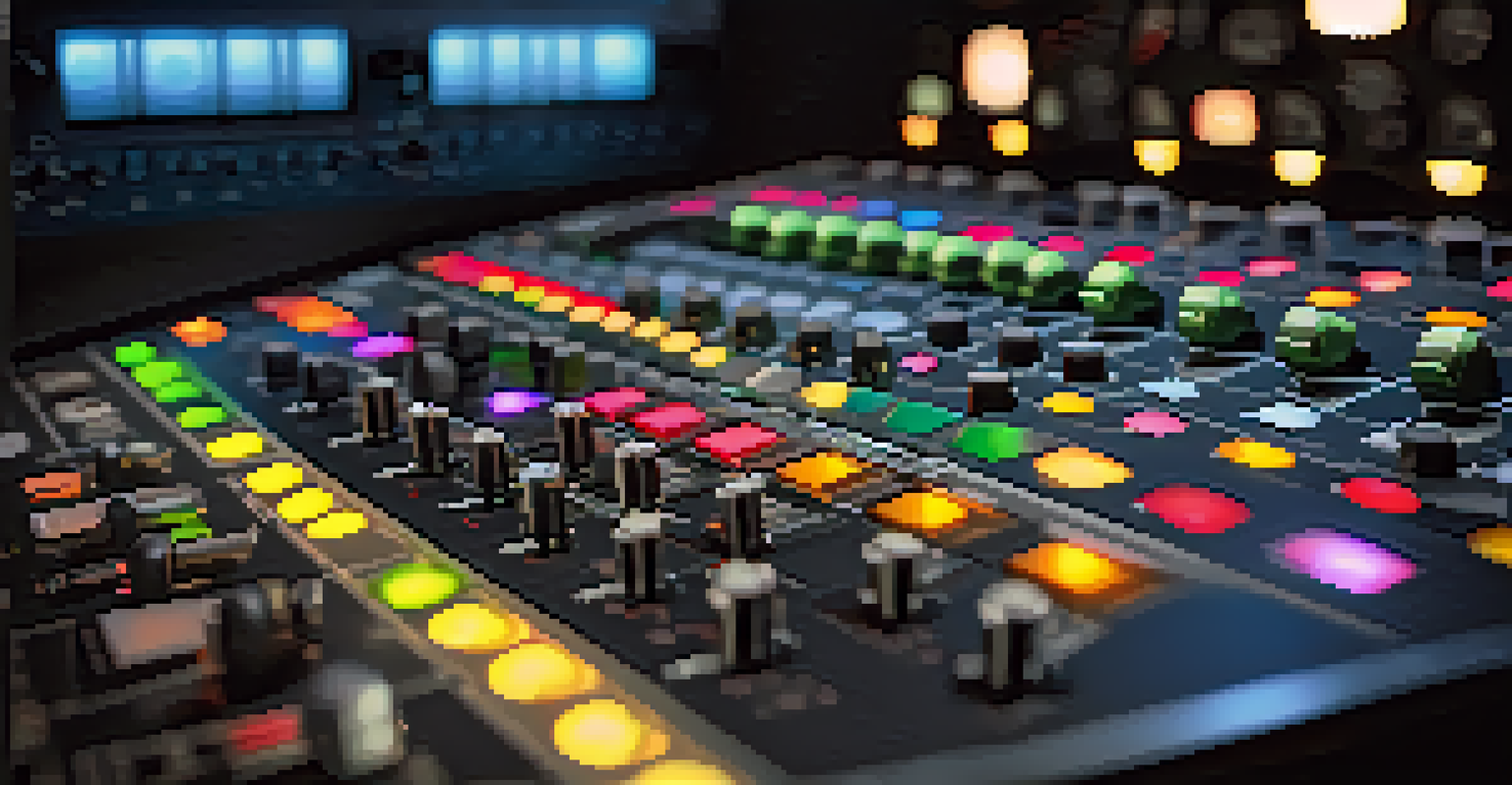 A close-up of a sound mixer console in a recording studio, with colorful buttons and illuminated controls against a blurred background.