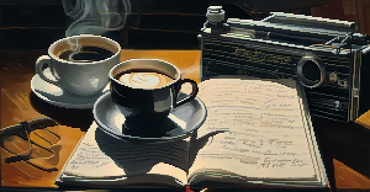 A close-up of a film critic's notebook with notes and a vintage film projector in the background.