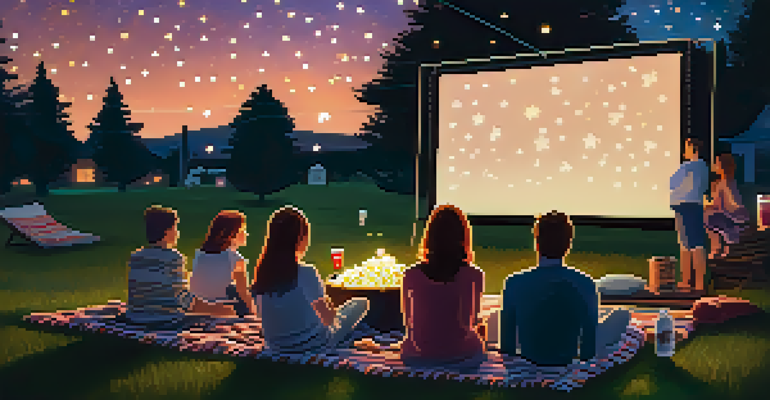 An outdoor cinema with a large screen, string lights, and people enjoying a movie in a backyard.