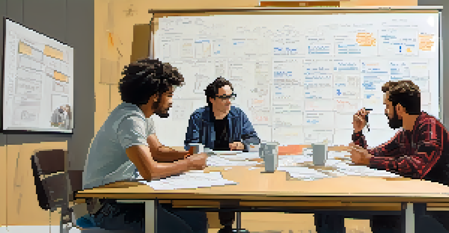 Filmmakers collaborating around a table with storyboards and notes in a bright room.
