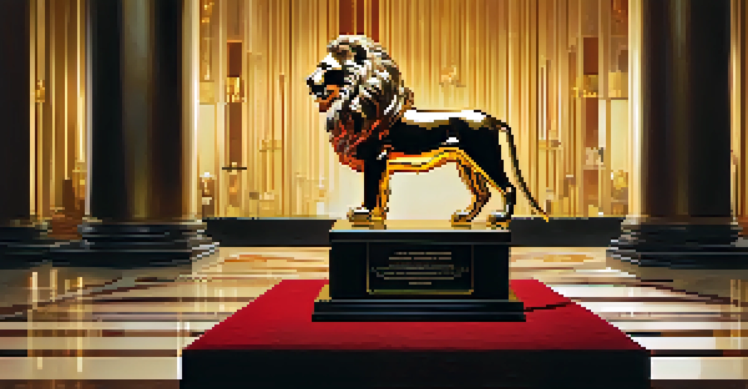 A close-up of the Golden Lion award on a velvet pedestal, illuminated with warm lighting and surrounded by film reels.