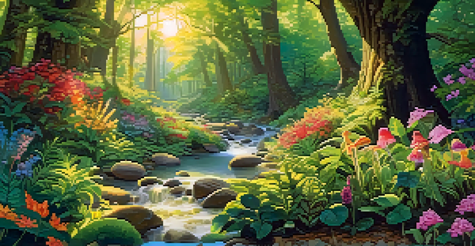 A colorful 3D animated forest with whimsical creatures and a sparkling stream under soft golden sunlight.