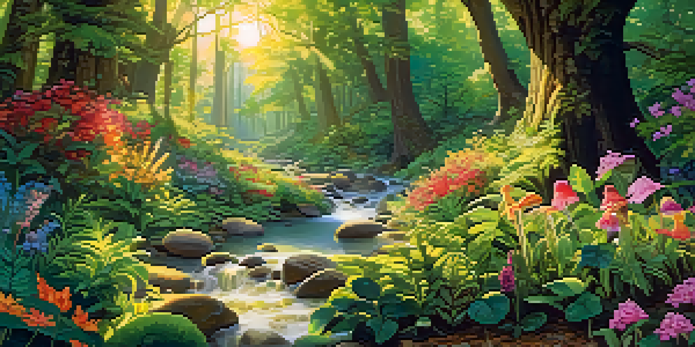 A colorful 3D animated forest with whimsical creatures and a sparkling stream under soft golden sunlight.