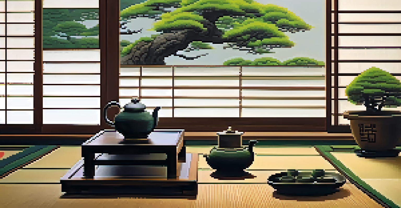 A traditional Japanese tea ceremony setting featuring a tatami room, a tea set, and a view of a bonsai tree.