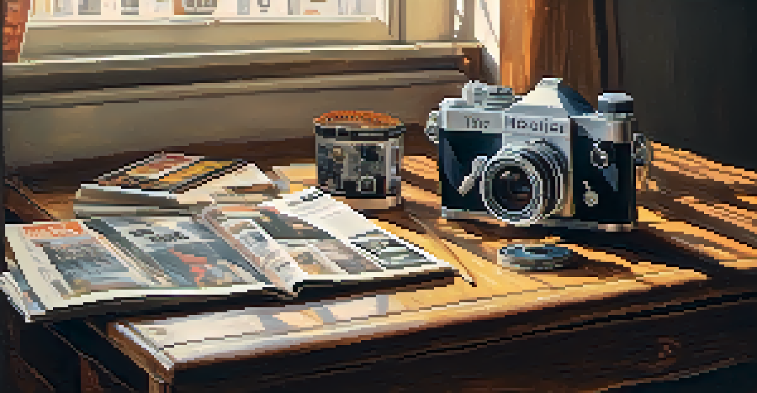 A collection of film magazines, books, and a vintage camera arranged on a wooden table, illuminated by soft natural light.