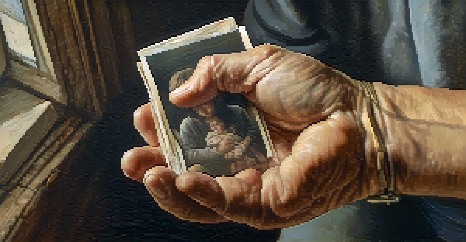 A close-up of a weathered hand holding a worn-out family photograph, emphasizing the texture and emotion of the moment.