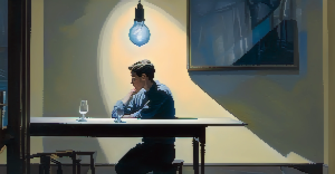 A dimly lit room with a flickering light bulb and a figure sitting at a table, their face partially hidden in shadows, evoking a sense of tension and isolation.