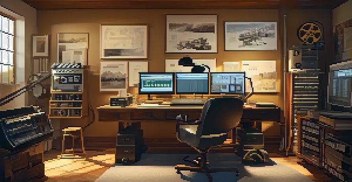 A vintage film editing room with film reels, a computer screen, and storyboards, illuminated by warm lighting.